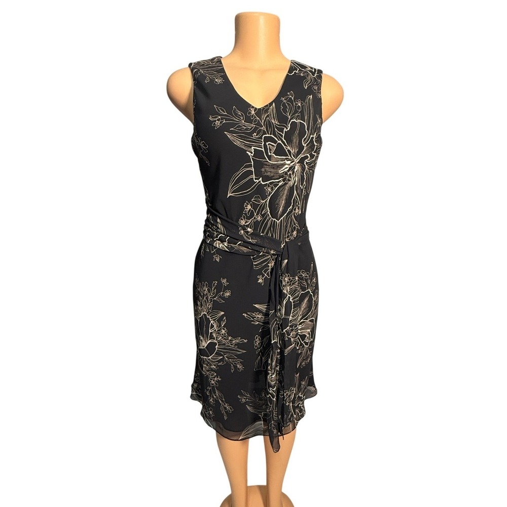 Ann Taylor LOFT Sheath Dress Womens 2 Black Beige Floral Sleeveless Excellent